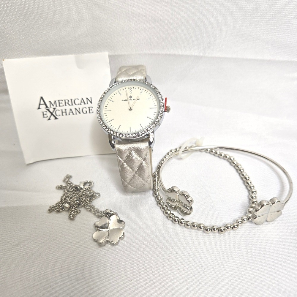 Sailor Jane‎ Gift Set, Watch Bracelets Necklace, Clover Theme Silver Tone NWOT